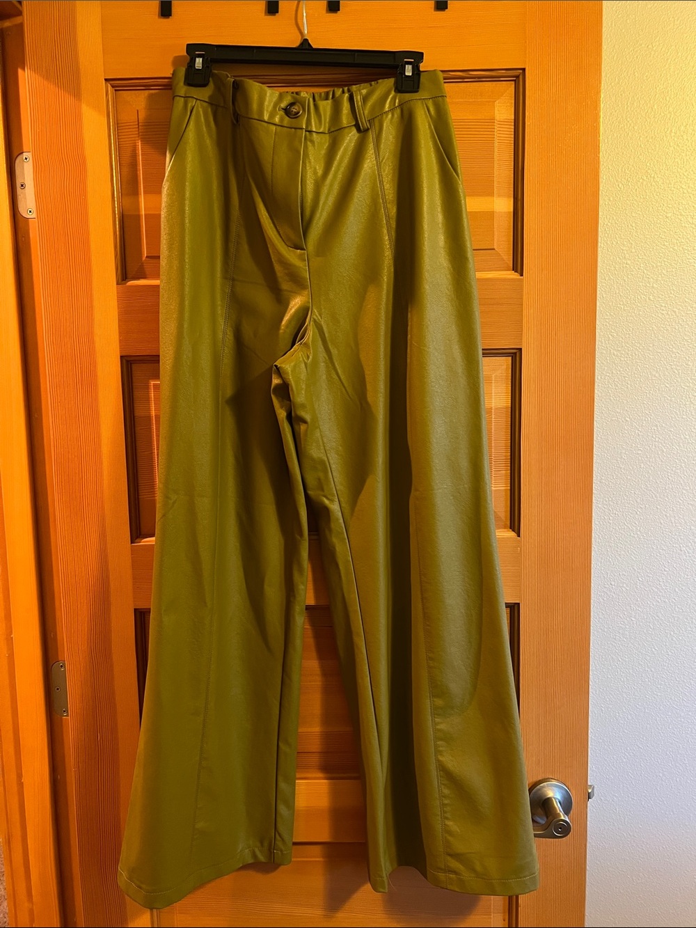 Women’s faux leather Olive Green Wide-Leg Pants